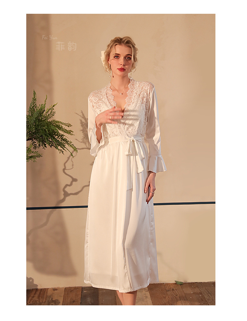 Elegant Female Nighty Robe Set Long Bathrobe Nightgown Sexy Lace Trim Nightdress